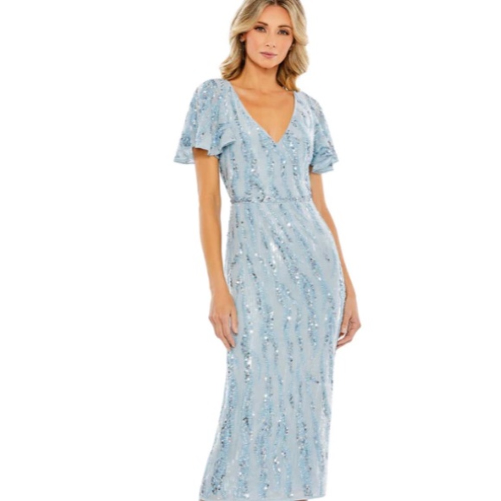 Mac Duggal Beaded V-Neck Flutter Sleeve Dress
